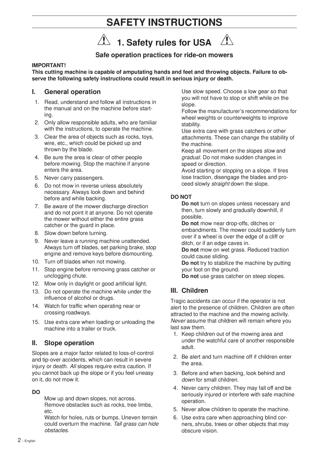 Husqvarna 1200 Safety Instructions, Safe operation practices for ride-on mowers, General operation, II. Slope operation 