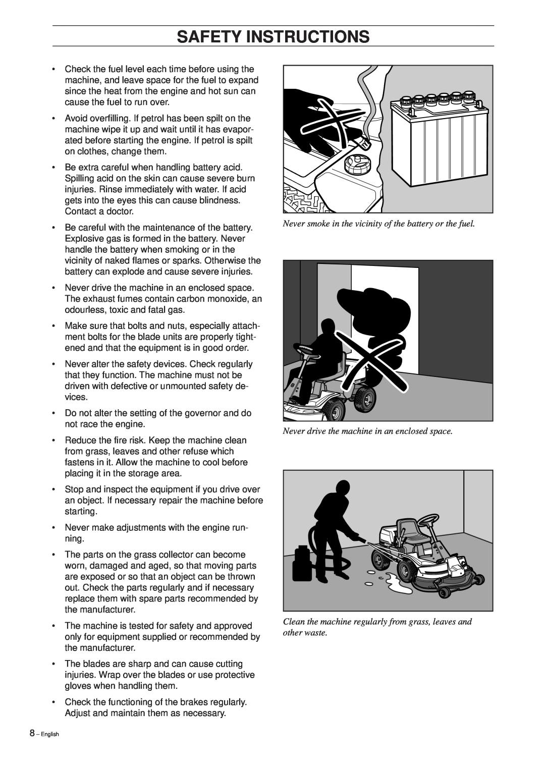 Husqvarna 1200, 1030 BioClip manual Never drive the machine in an enclosed space, Safety Instructions 