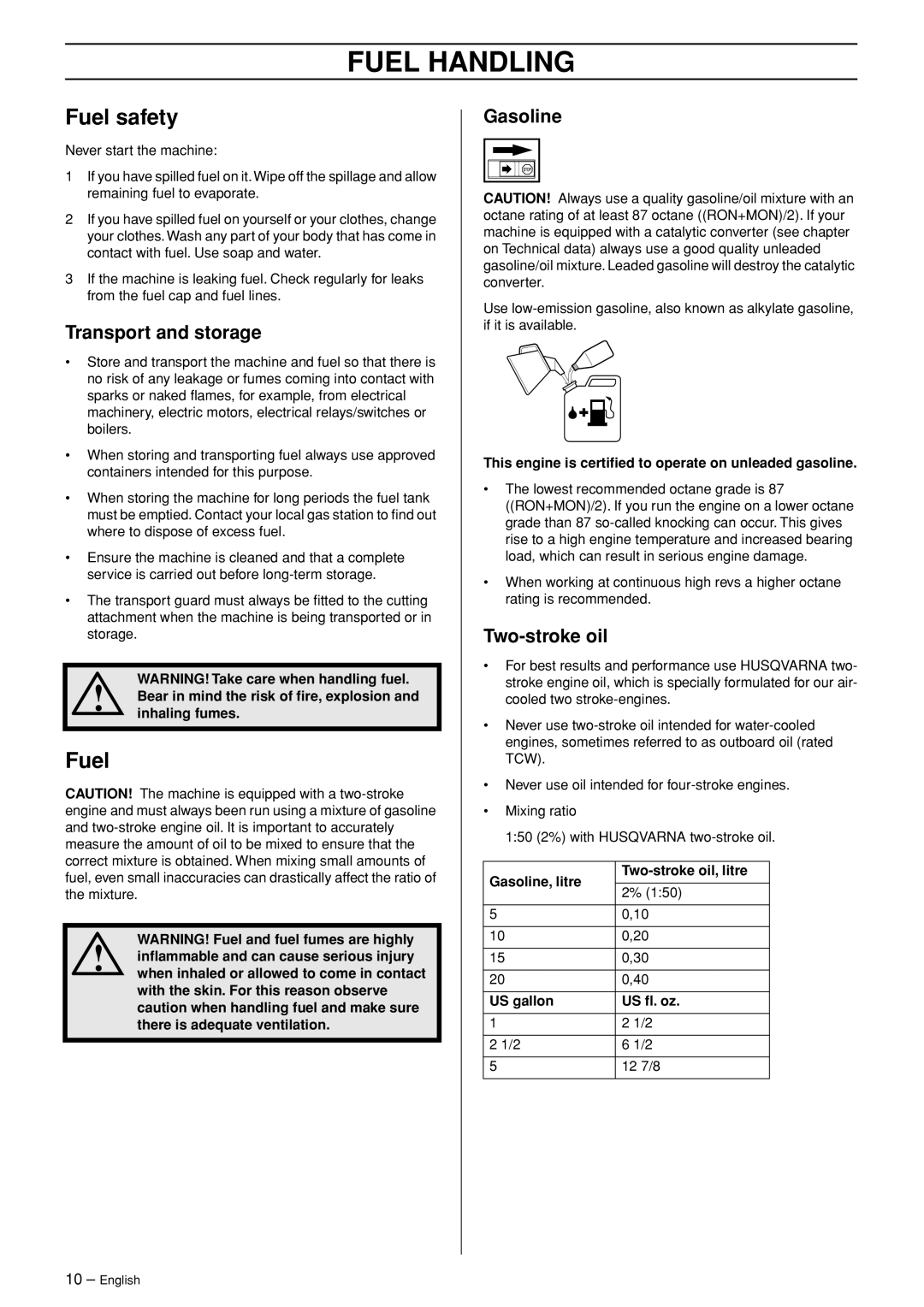 Husqvarna 123HD60, 123HD65 manual Fuel Handling, Fuel safety 