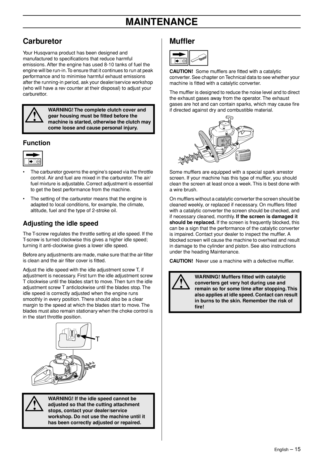 Husqvarna 123HD60, 123HD65 manual Maintenance, Carburetor, Mufﬂer, Function, Adjusting the idle speed 