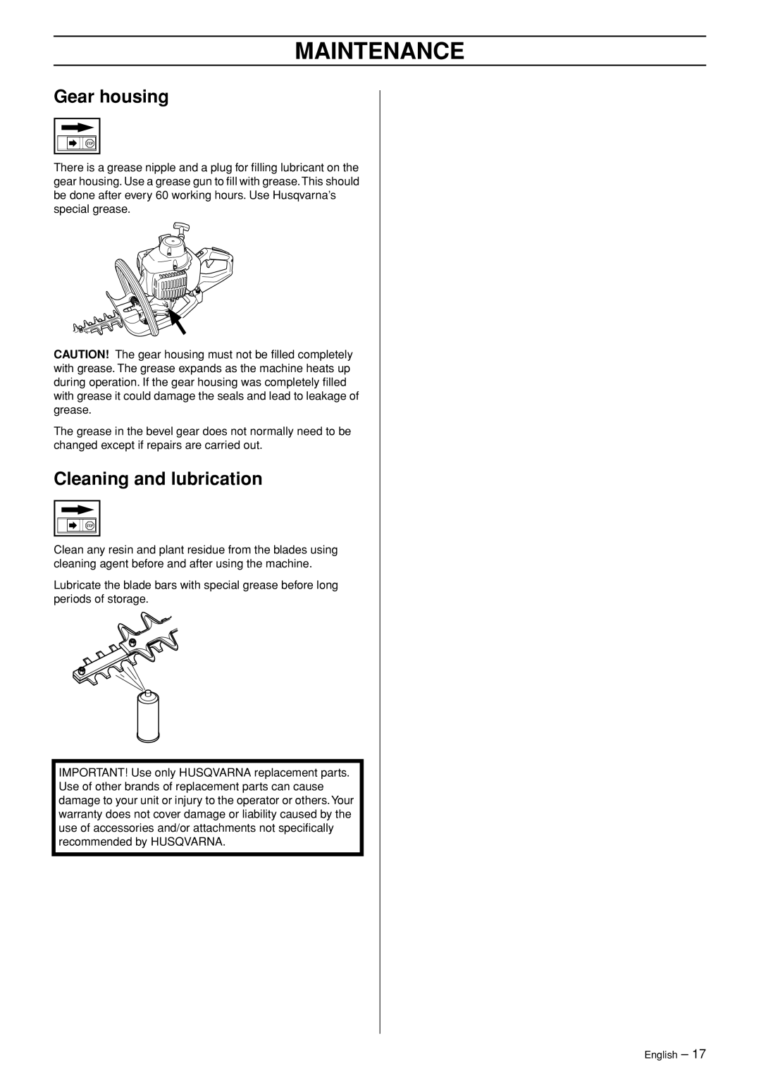 Husqvarna 123HD60, 123HD65 manual Gear housing, Cleaning and lubrication 