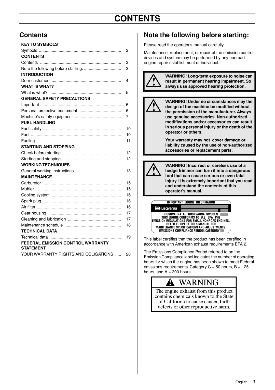 Husqvarna 123HD60, 123HD65 manual Contents 