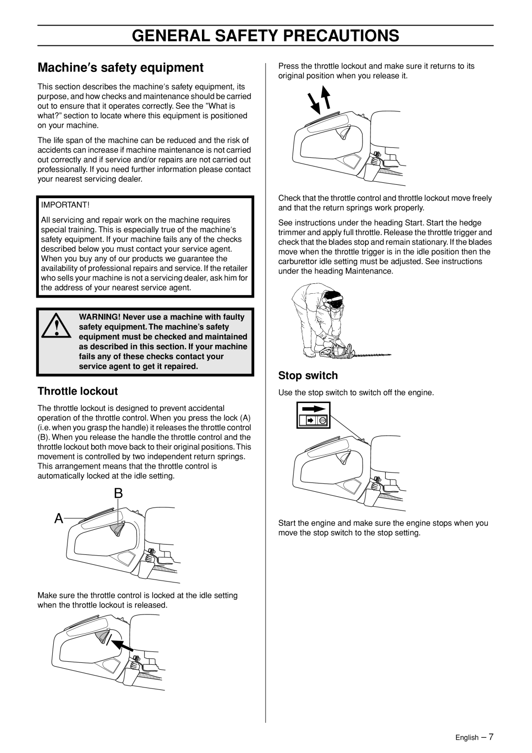 Husqvarna 123HD60, 123HD65 manual Machine′s safety equipment, Throttle lockout, Stop switch 