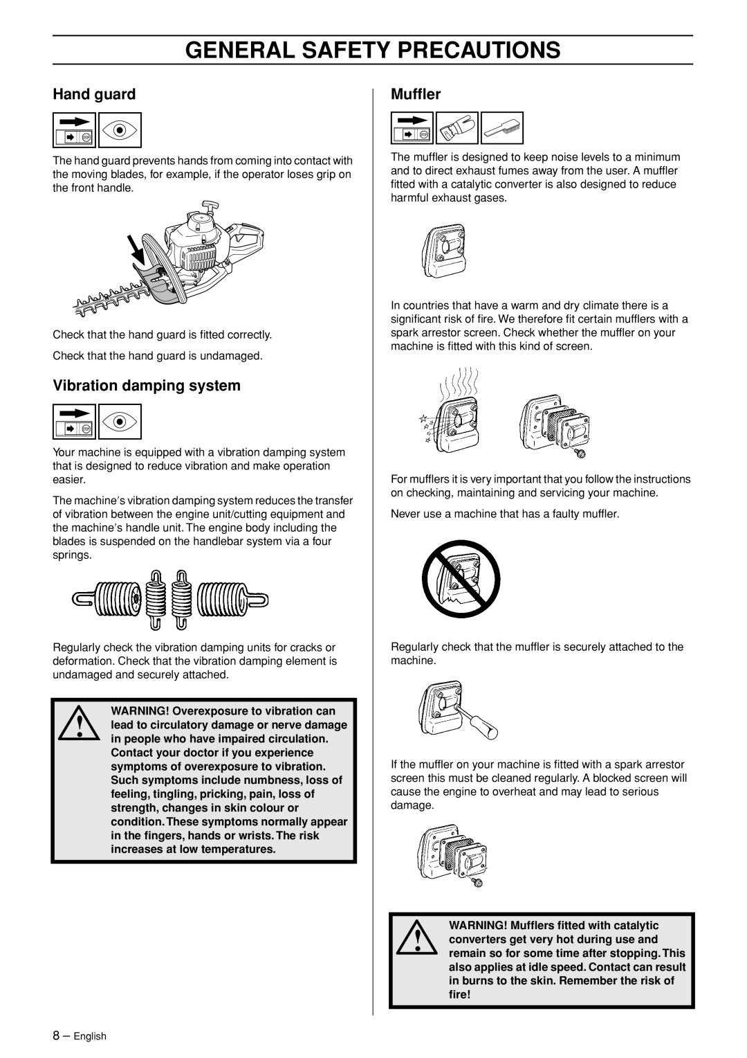 Husqvarna 123HD60, 123HD65 manual Hand guard, Vibration damping system, Mufﬂer 