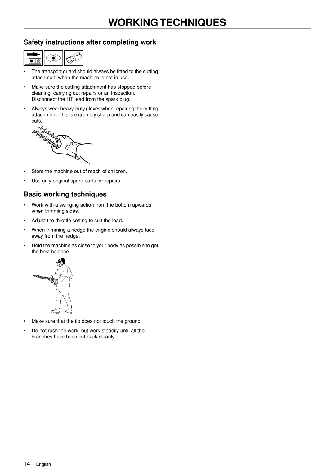 Husqvarna 123HD60 manual Safety instructions after completing work, Basic working techniques 