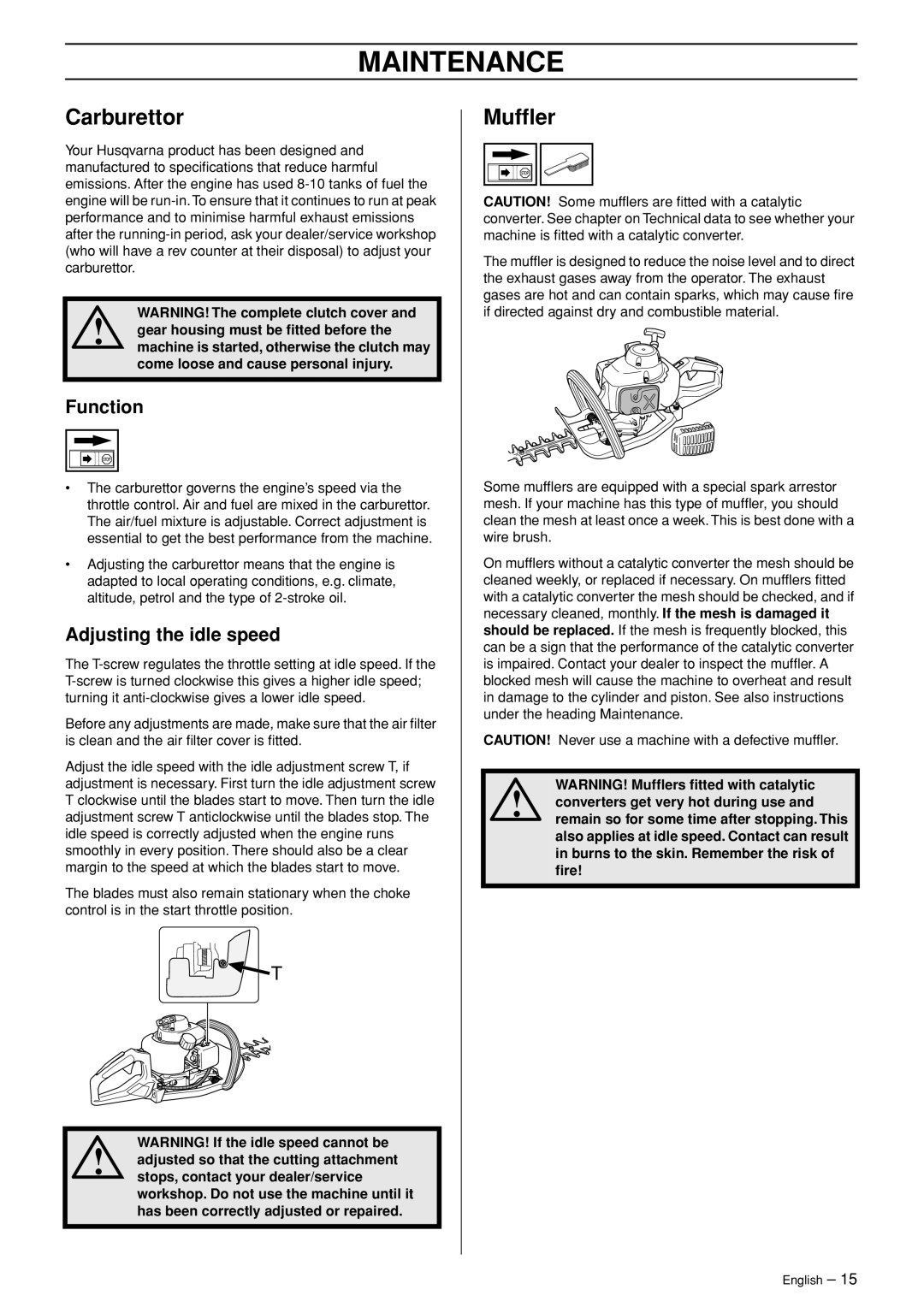 Husqvarna 123HD60 manual Maintenance, Carburettor, Mufﬂer, Function, Adjusting the idle speed 