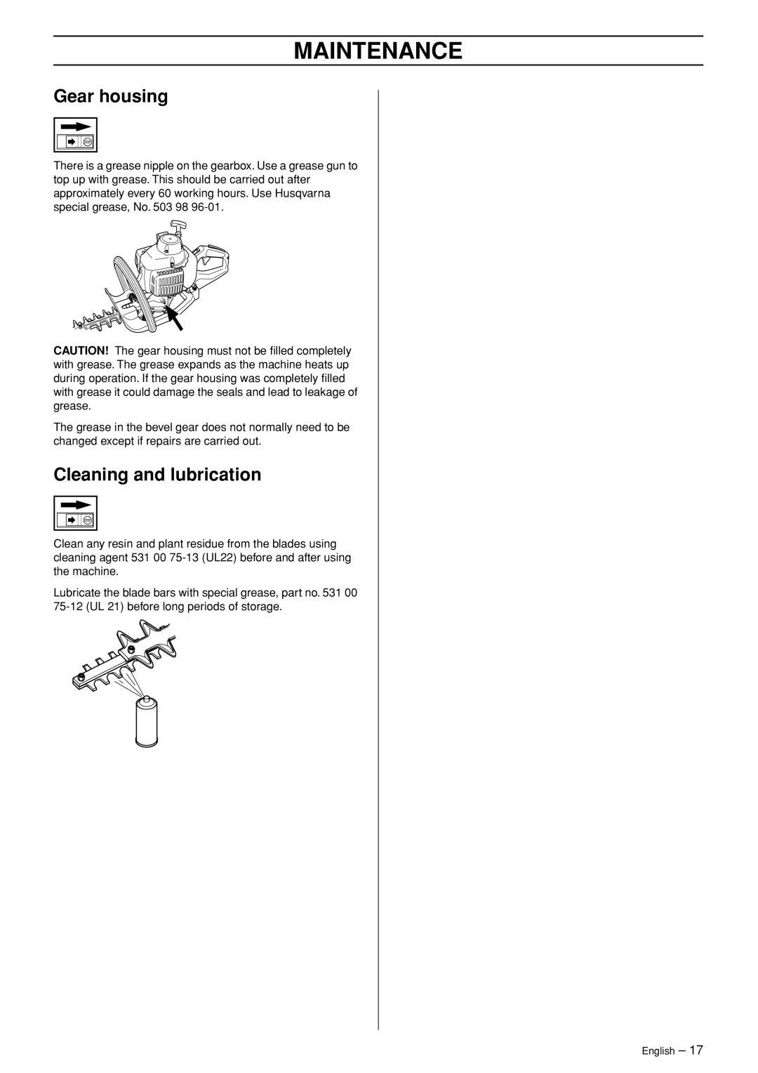 Husqvarna 123HD60 manual Gear housing, Cleaning and lubrication 