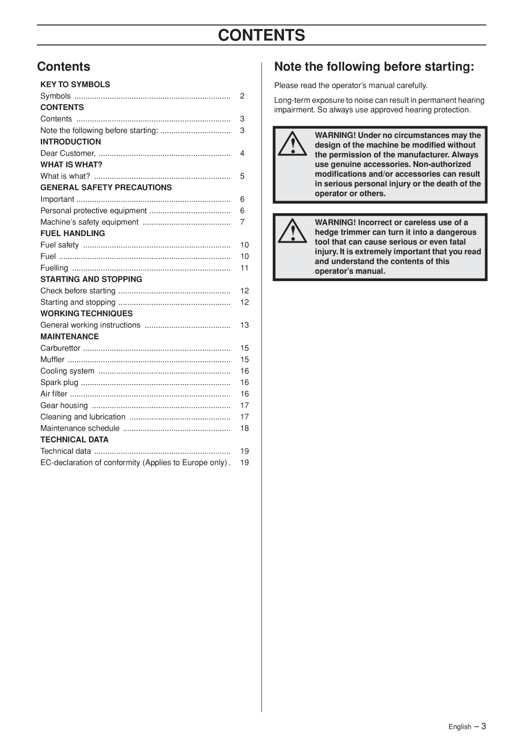 Husqvarna 123HD60 manual Contents 