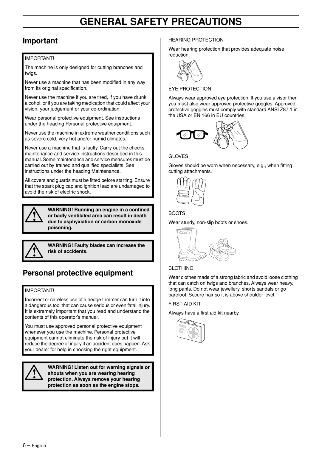 Husqvarna 123HD60 manual General Safety Precautions, Personal protective equipment 