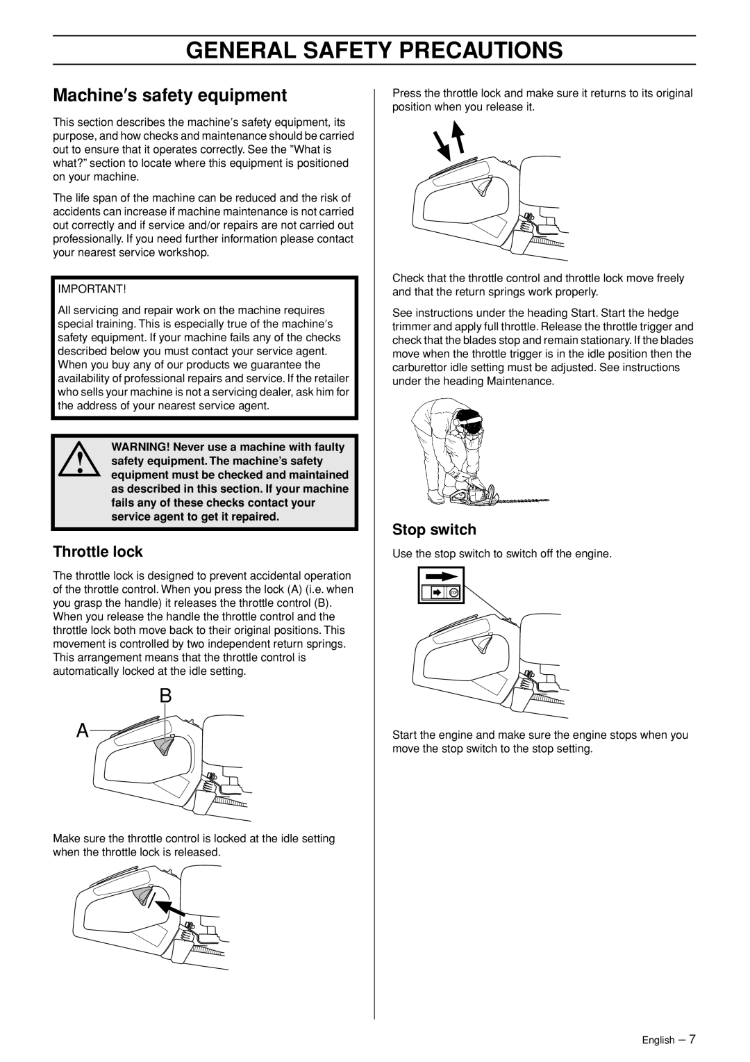 Husqvarna 123HD60 manual Machine′s safety equipment, Throttle lock, Stop switch 