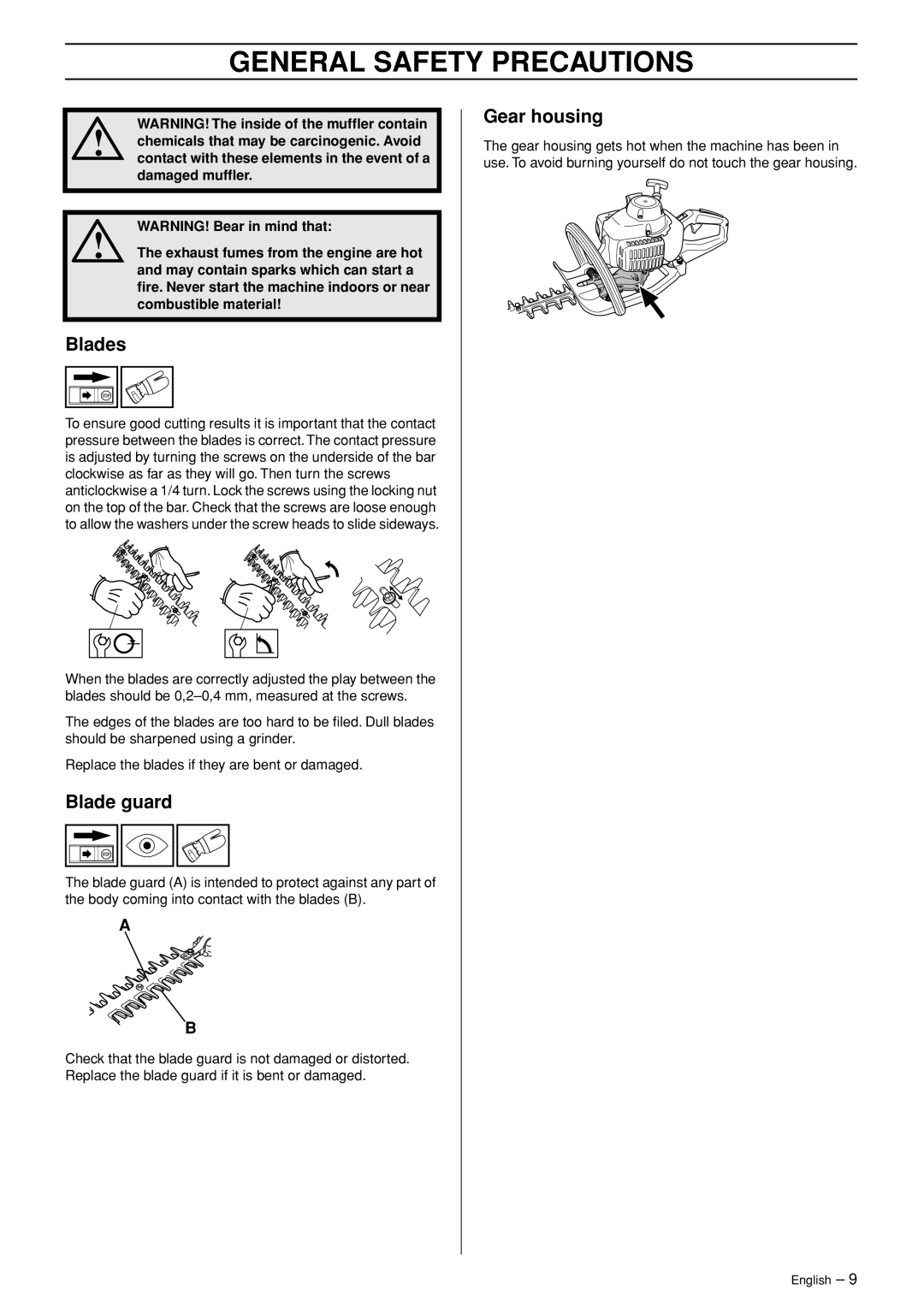 Husqvarna 123HD60 manual Blades, Blade guard, Gear housing 