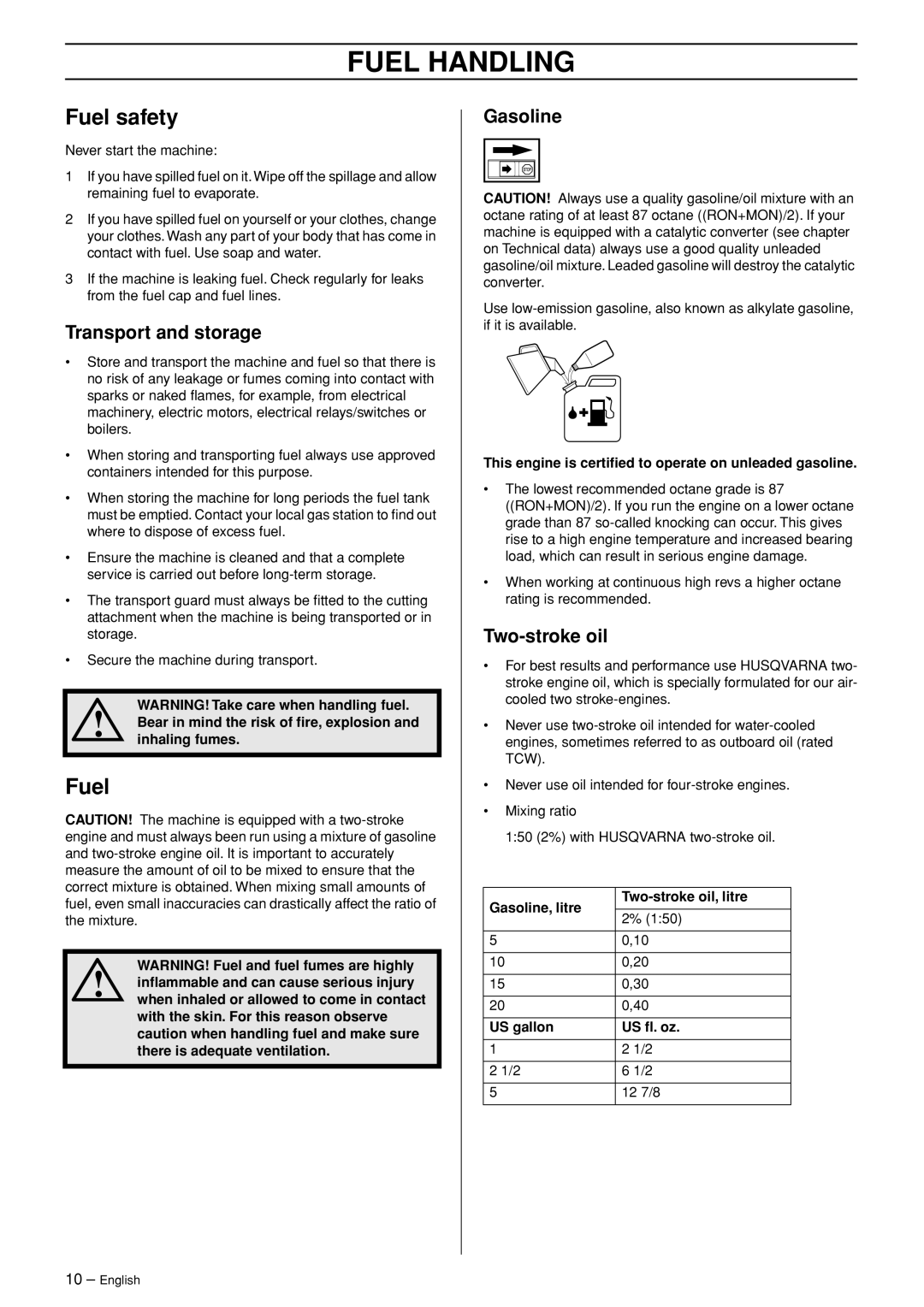 Husqvarna 123HD65X manual Fuel Handling, Fuel safety 