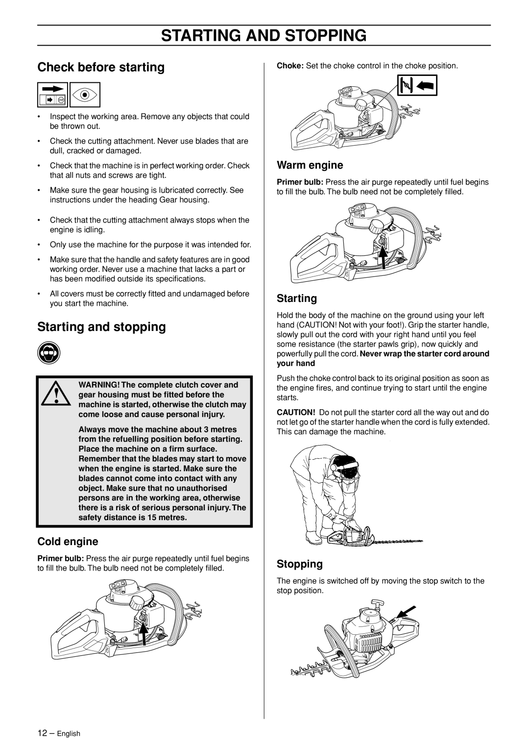 Husqvarna 123HD65X manual Starting and Stopping, Check before starting, Starting and stopping 