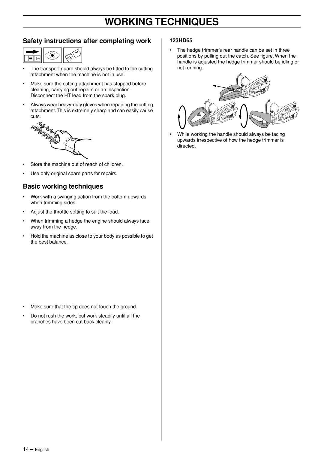 Husqvarna 123HD65X manual Safety instructions after completing work, Basic working techniques 