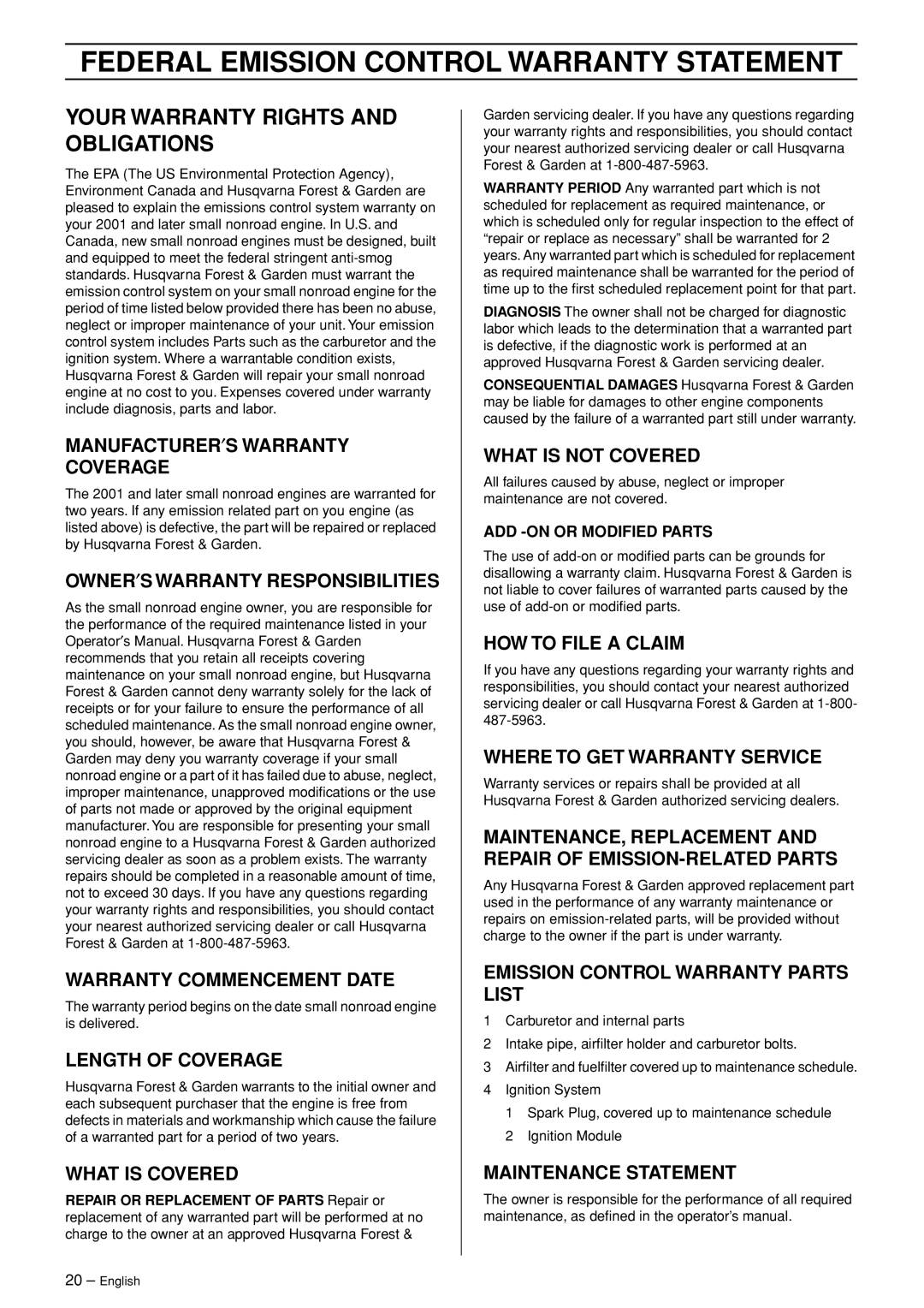 Husqvarna 123HD65X manual Federal Emission Control Warranty Statement, Your Warranty Rights and Obligations 