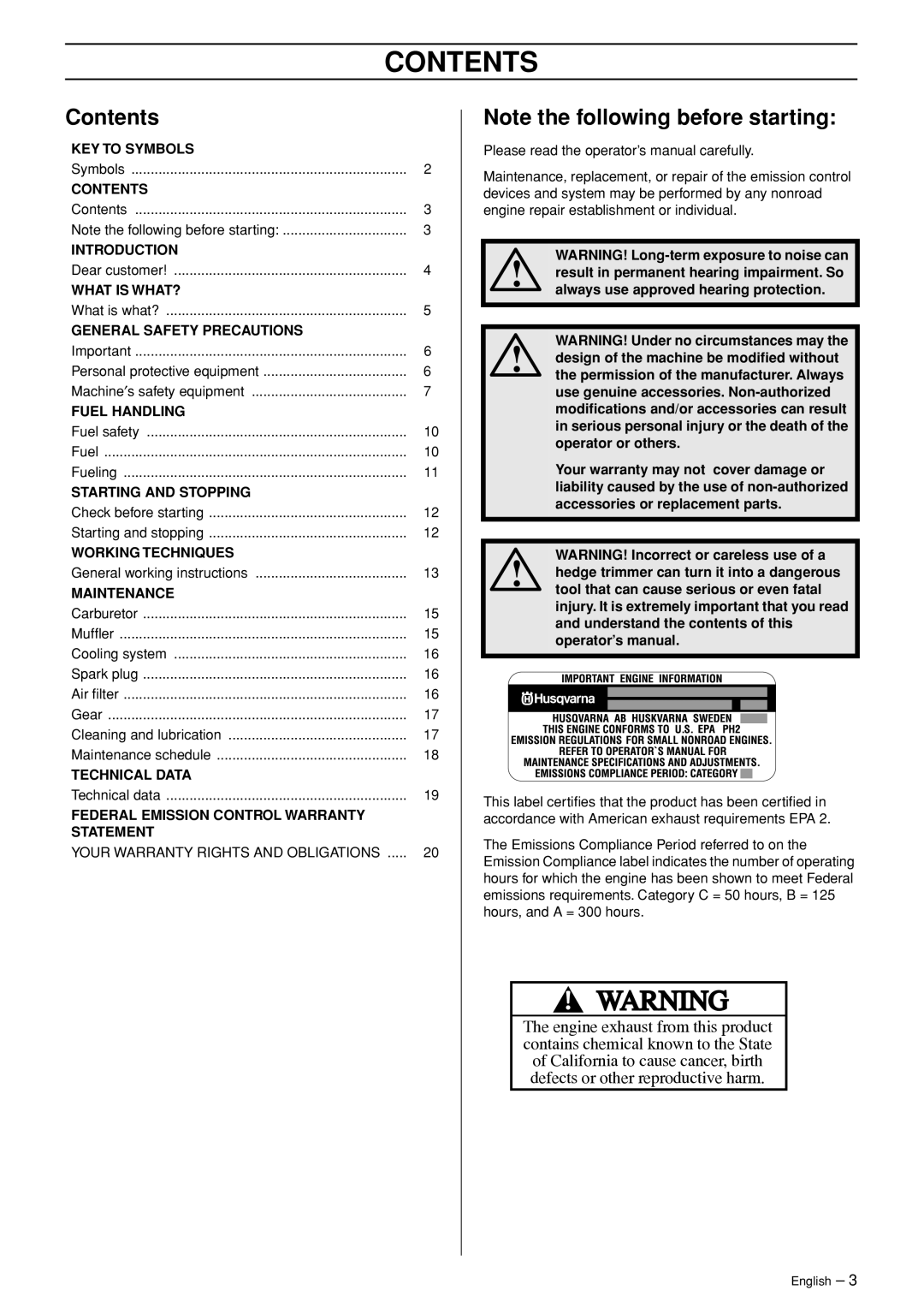 Husqvarna 123HD65X manual Contents 