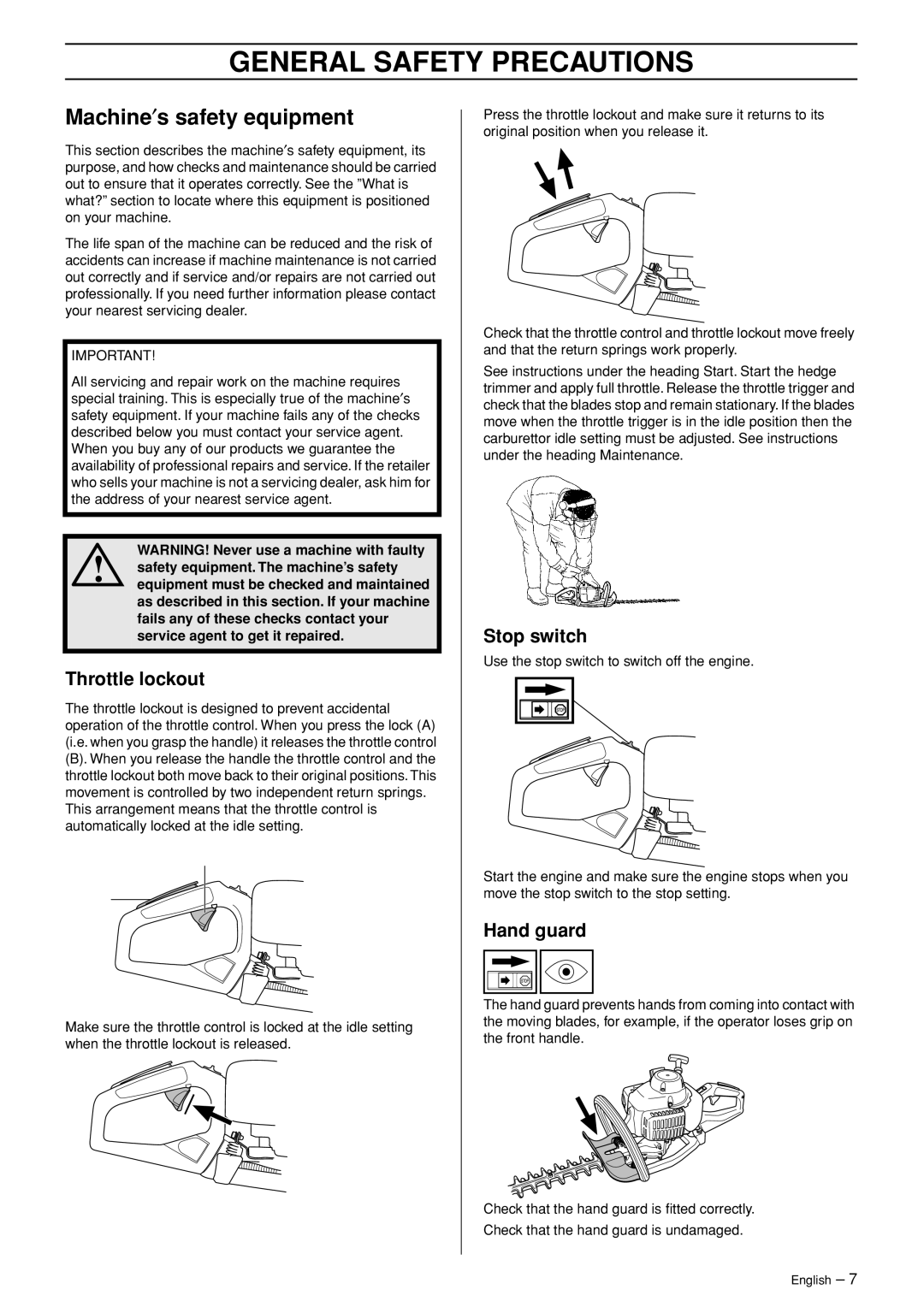 Husqvarna 123HD65X manual Machine′s safety equipment, Throttle lockout, Stop switch, Hand guard 