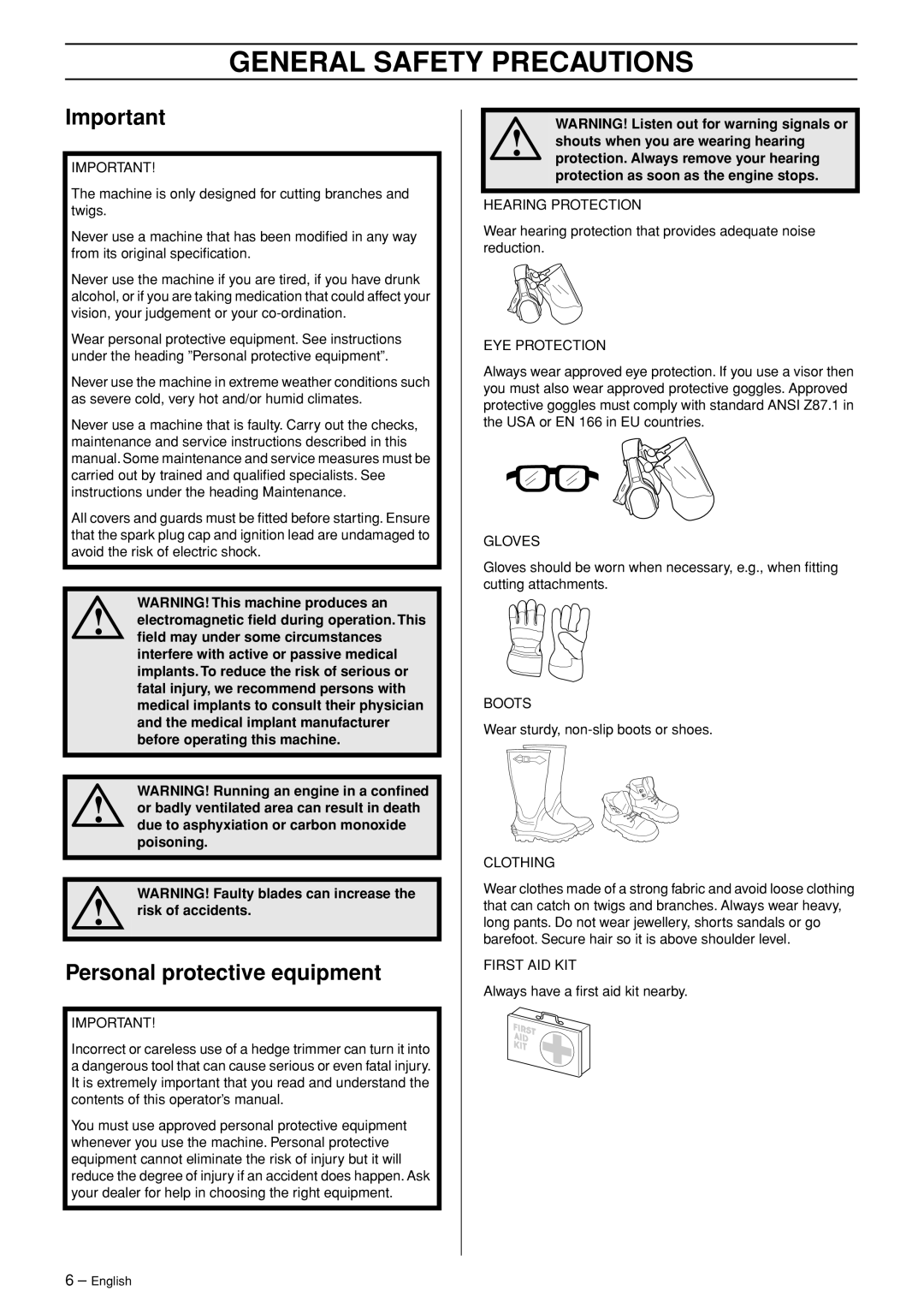 Husqvarna 123HD65X manual General Safety Precautions, Personal protective equipment 