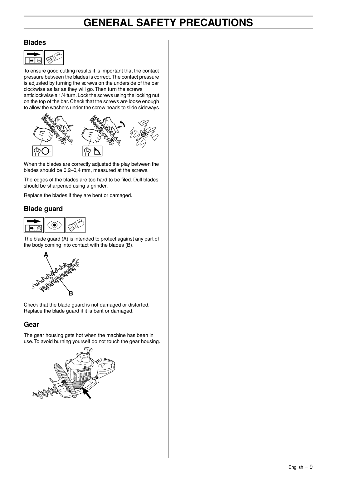 Husqvarna 123HD65X manual General Safety Precautions, Blades, Blade guard, Gear 