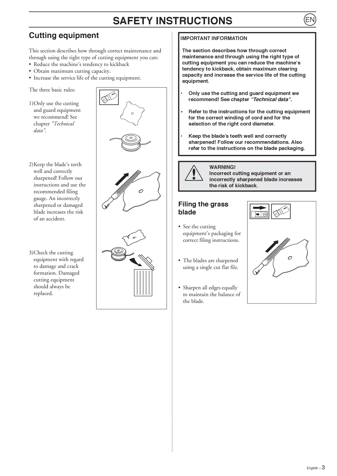 Husqvarna 123L Safety Instructions, Cutting equipment, Filing the grass blade, Correct filing instructions 