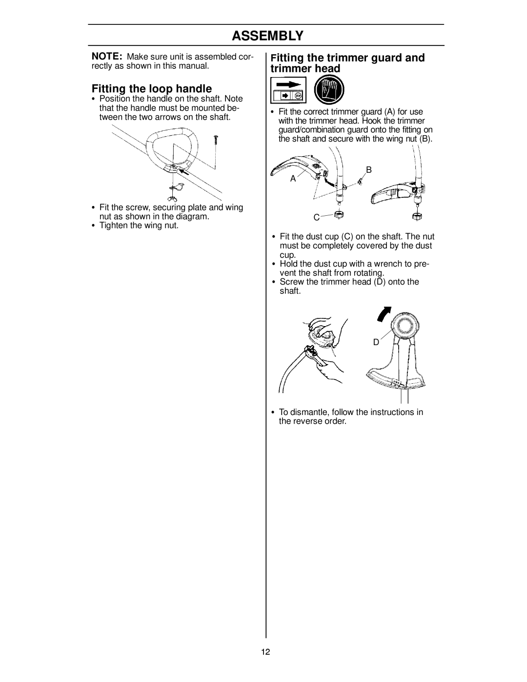 Husqvarna 124C manual Assembly, Fitting the loop handle, Fitting the trimmer guard and trimmer head 