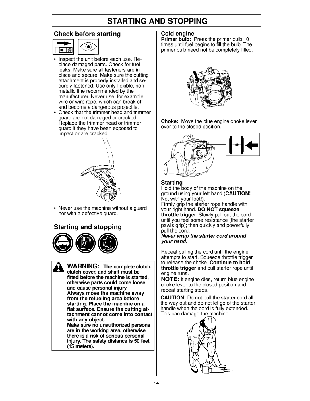 Husqvarna 124C manual Starting and Stopping, Check before starting, Starting and stopping, Cold engine 