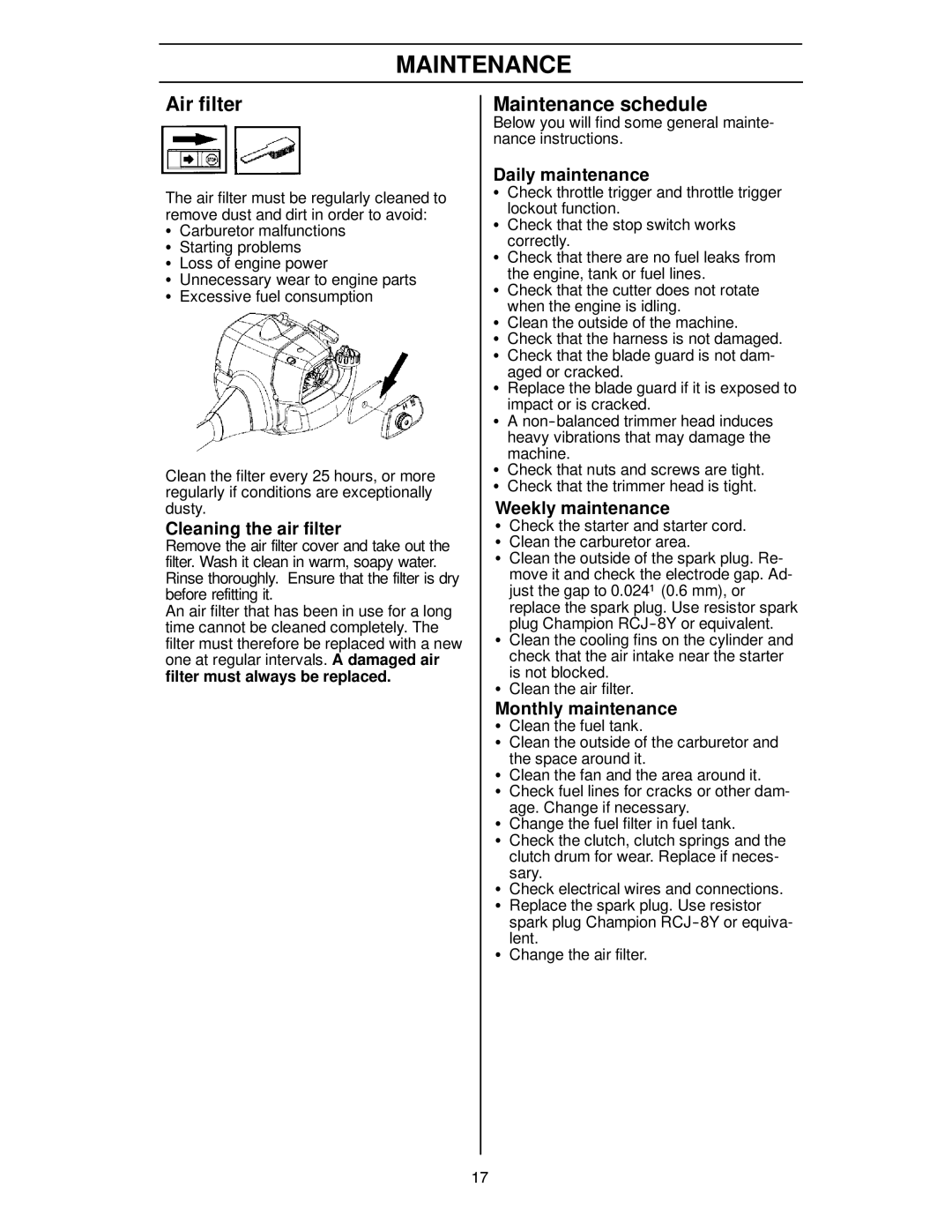 Husqvarna 124C manual Air filter, Maintenance schedule 