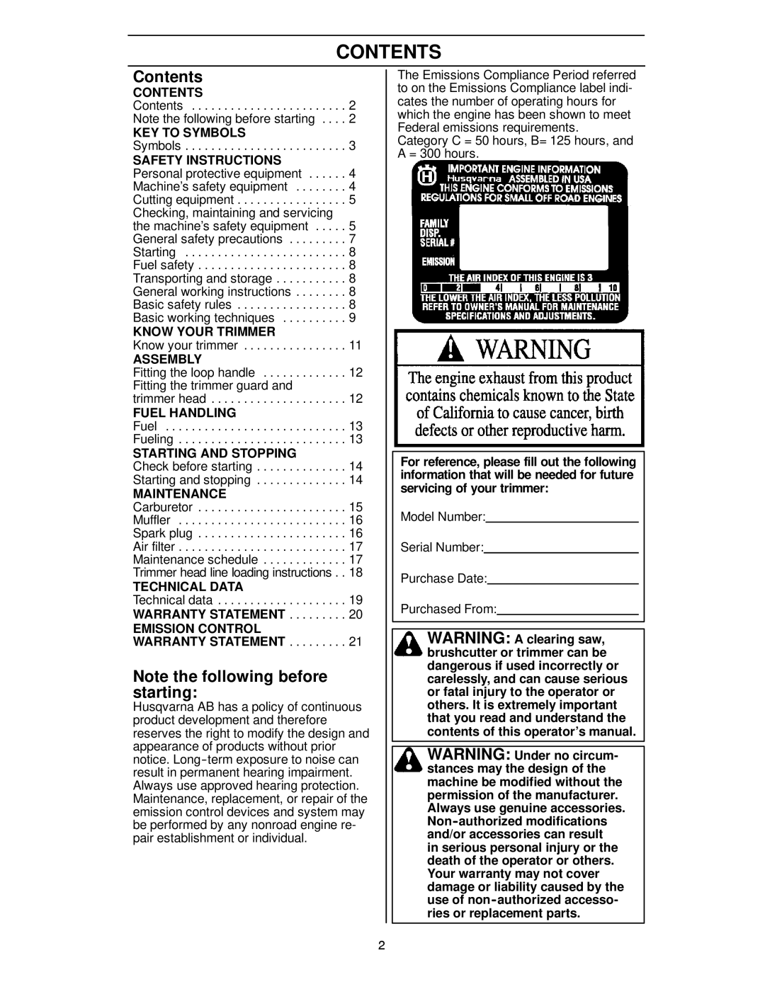 Husqvarna 124C manual Contents 