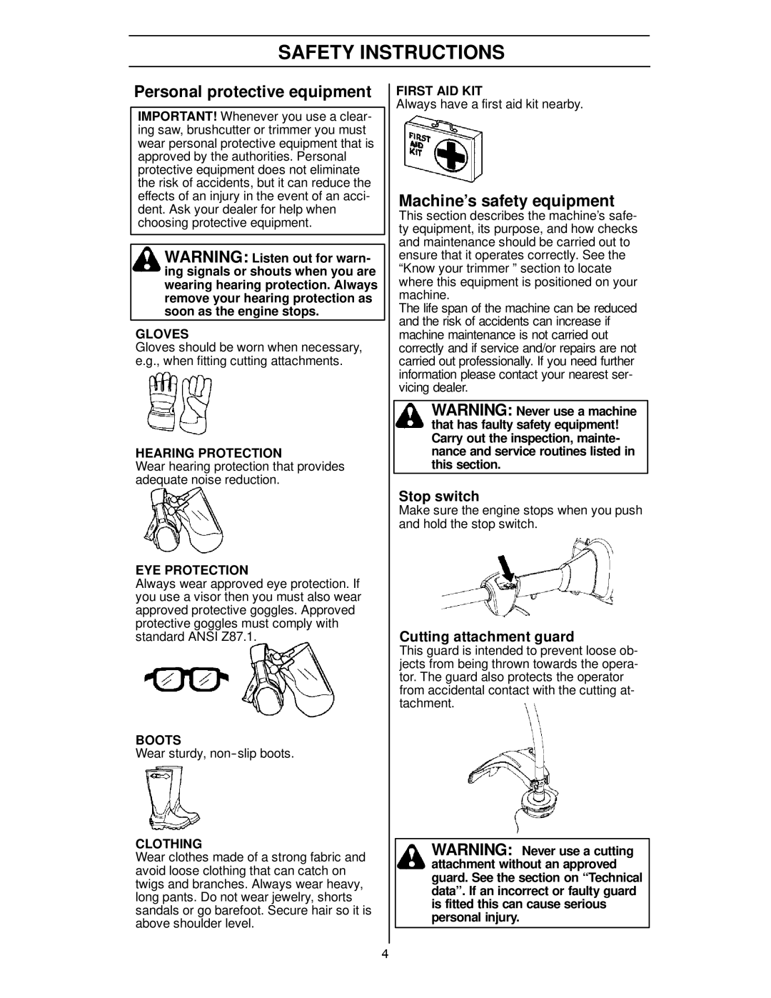 Husqvarna 124C manual Safety Instructions, Personal protective equipment, Machine’s safety equipment, Stop switch 