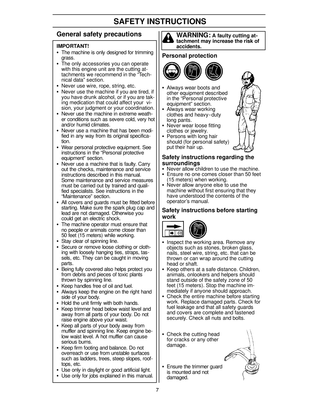 Husqvarna 124C manual General safety precautions, Personal protection, Safety instructions regarding the surroundings 