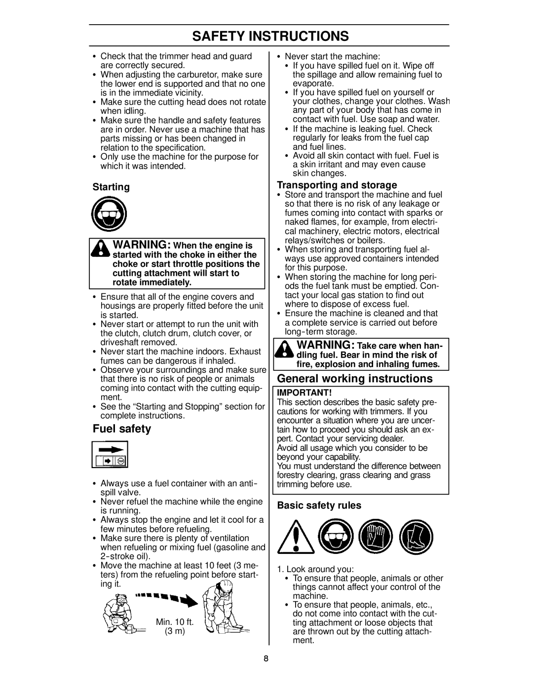 Husqvarna 124C manual Fuel safety, General working instructions, Starting, Transporting and storage, Basic safety rules 