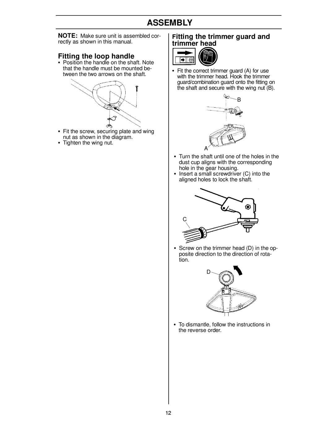 Husqvarna 124L manual Assembly, Fitting the loop handle, Fitting the trimmer guard and trimmer head 