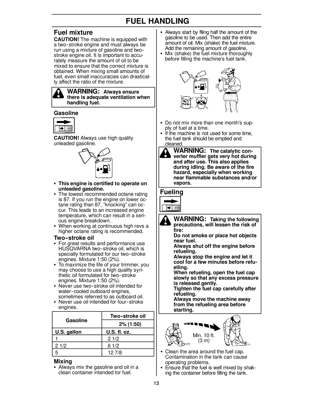 Husqvarna 124L manual Fuel Handling, Fuel mixture, Fueling 