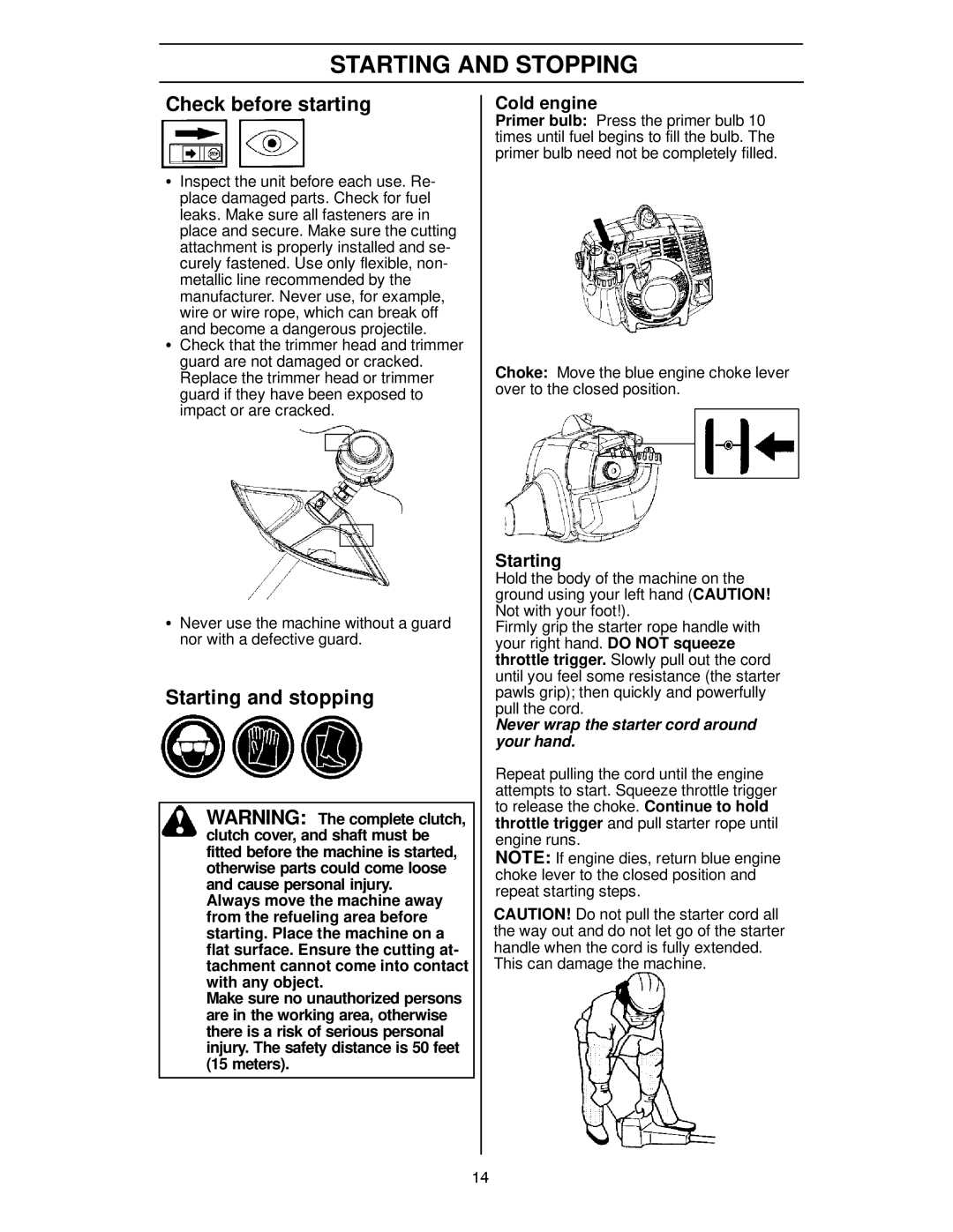 Husqvarna 124L manual Starting and Stopping, Check before starting, Starting and stopping, Cold engine 