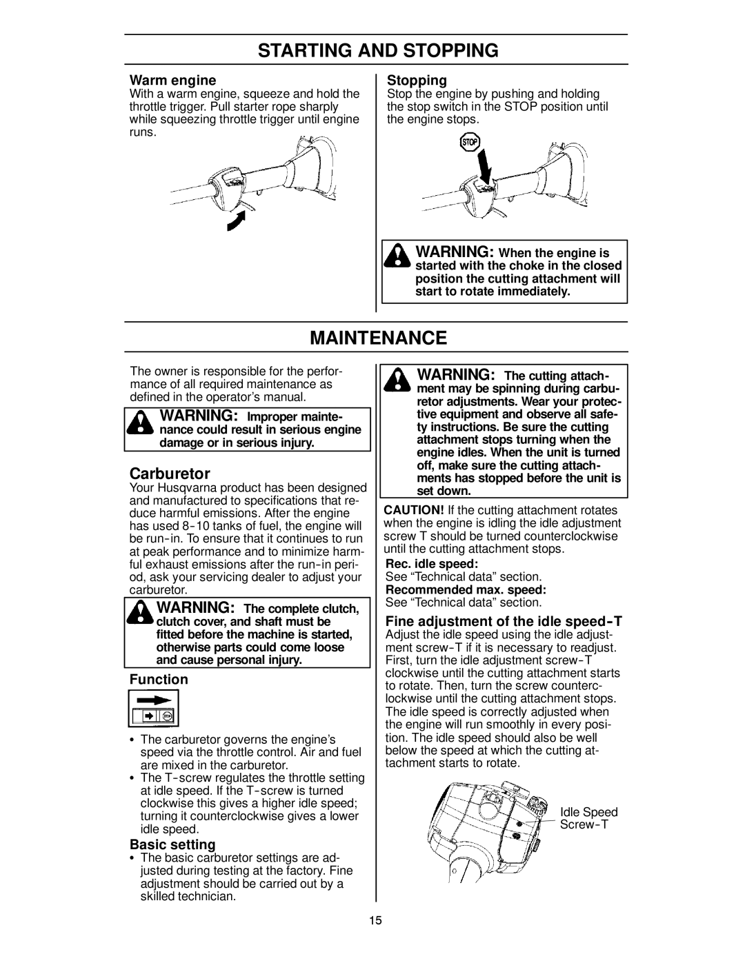 Husqvarna 124L manual Maintenance, Carburetor 