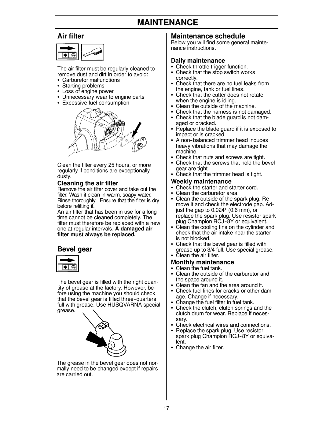 Husqvarna 124L manual Air filter, Bevel gear, Maintenance schedule 