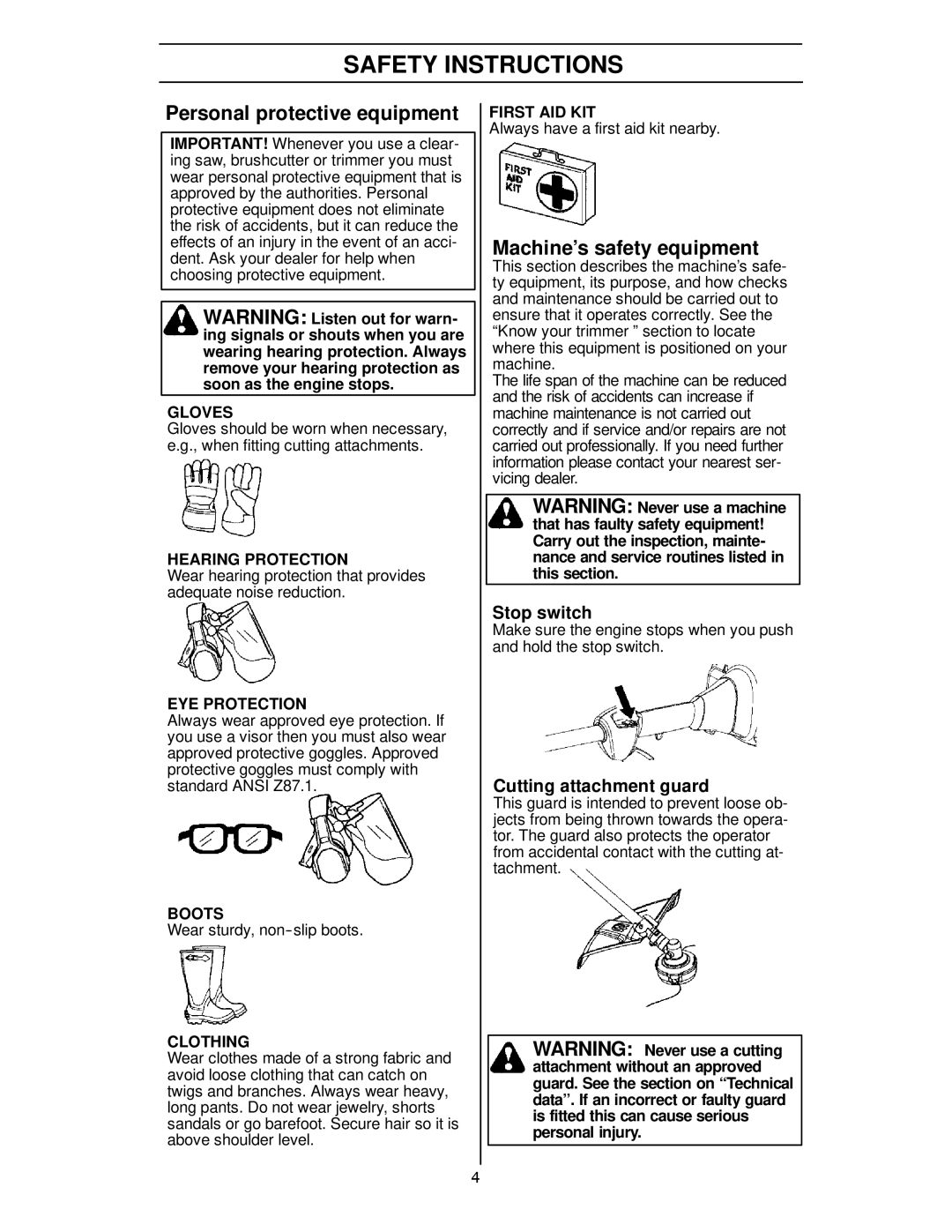 Husqvarna 124L manual Safety Instructions, Personal protective equipment, Machine’s safety equipment, Stop switch 