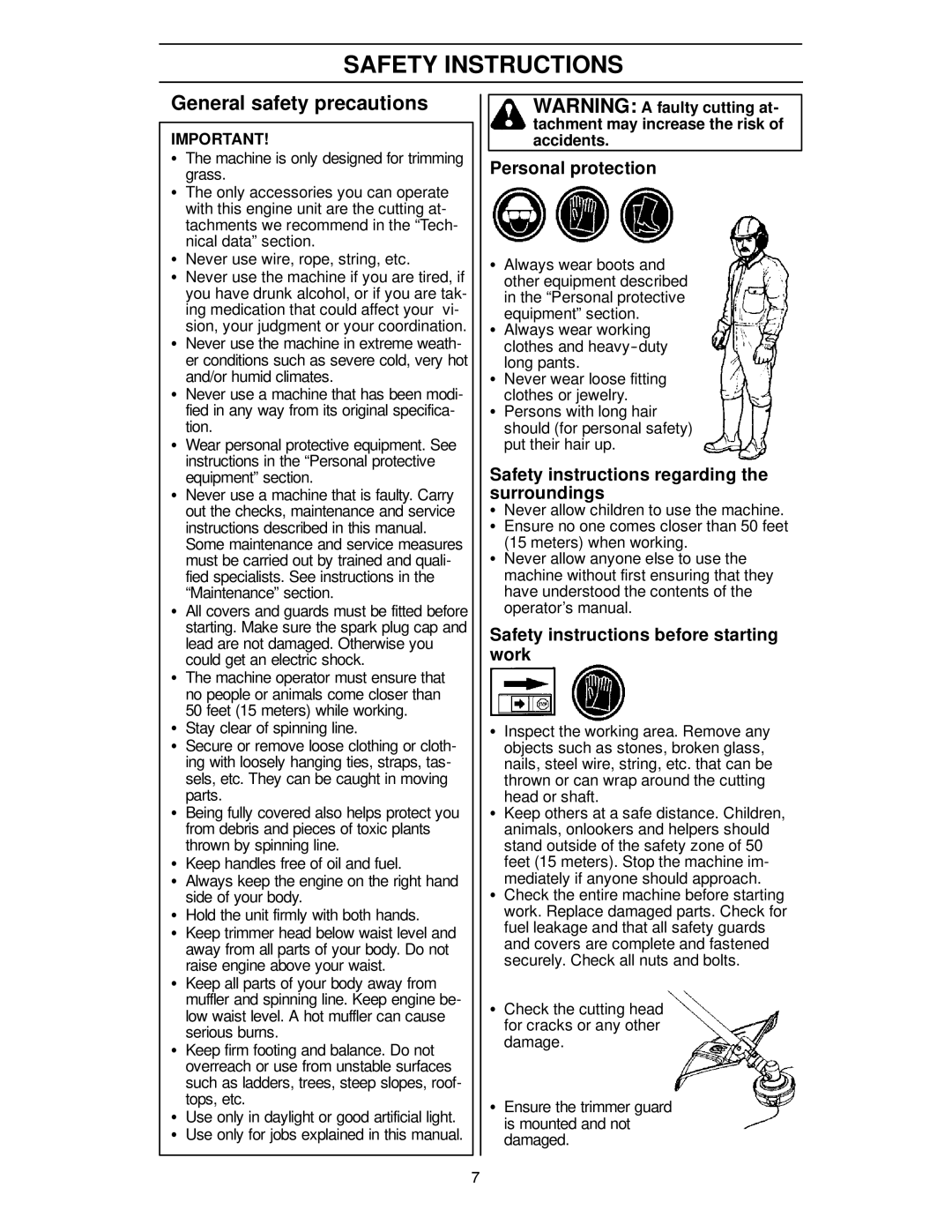 Husqvarna 124L manual General safety precautions, Personal protection, Safety instructions regarding the surroundings 