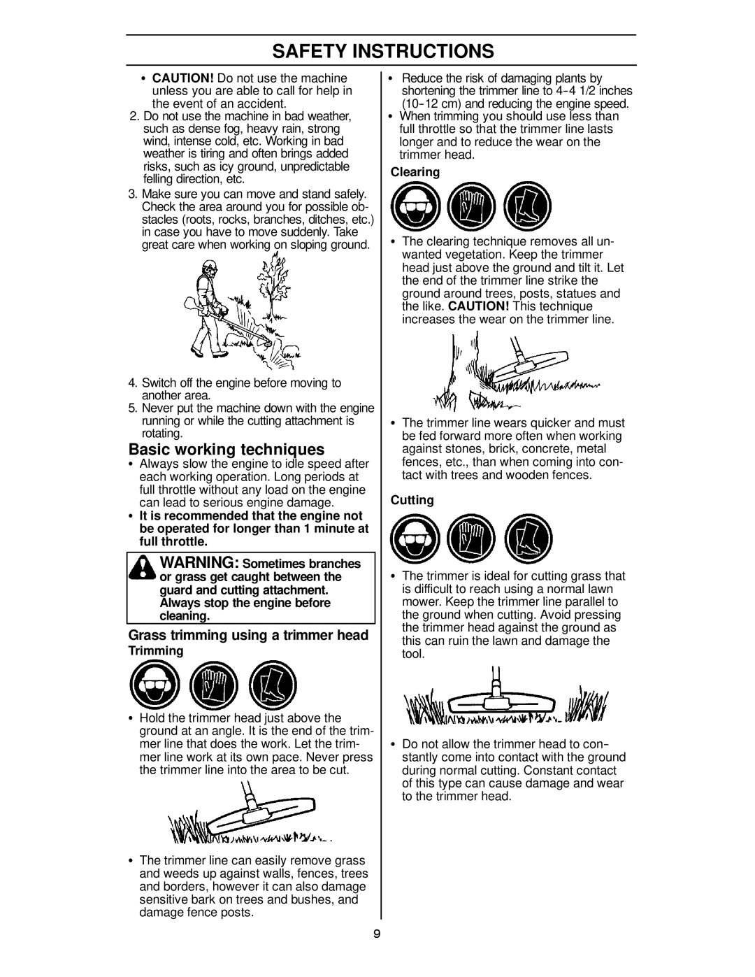 Husqvarna 124L manual Basic working techniques, Grass trimming using a trimmer head, Trimming, Clearing, Cutting 