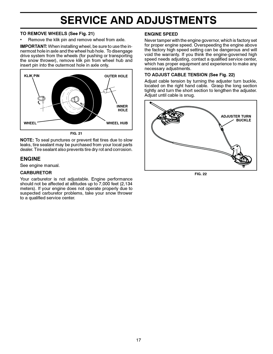 Husqvarna 12524SB manual To Remove Wheels See Fig, Carburetor, Engine Speed, To Adjust Cable Tension See Fig 