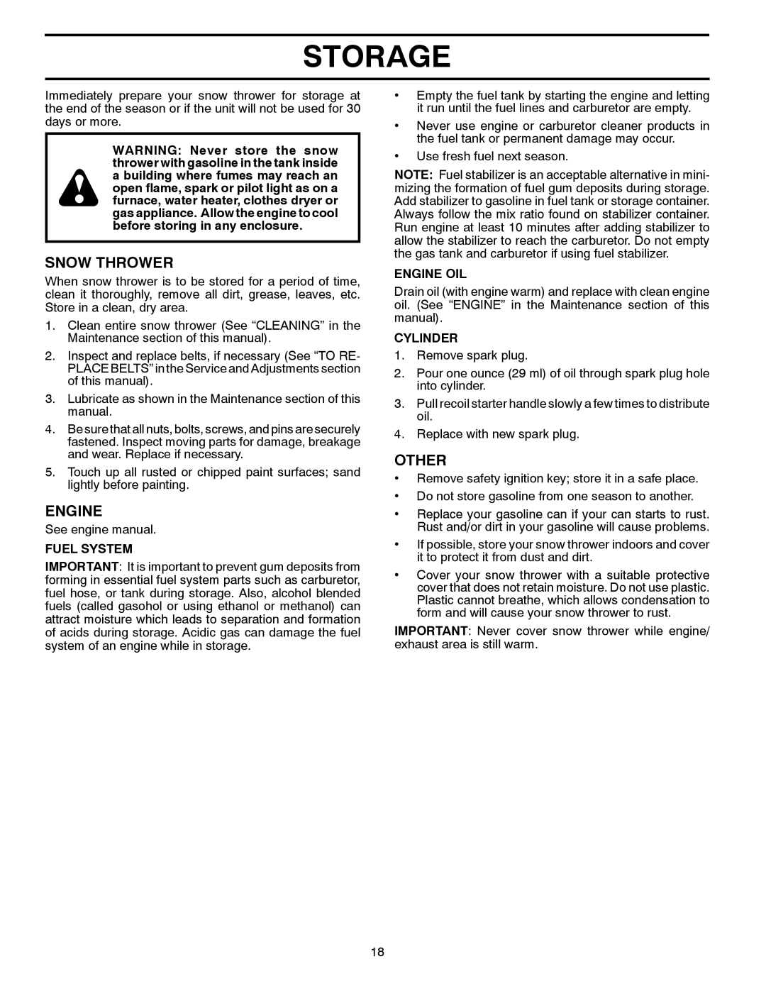 Husqvarna 12524SB manual Storage, Other, Fuel System, Engine OIL, Cylinder 