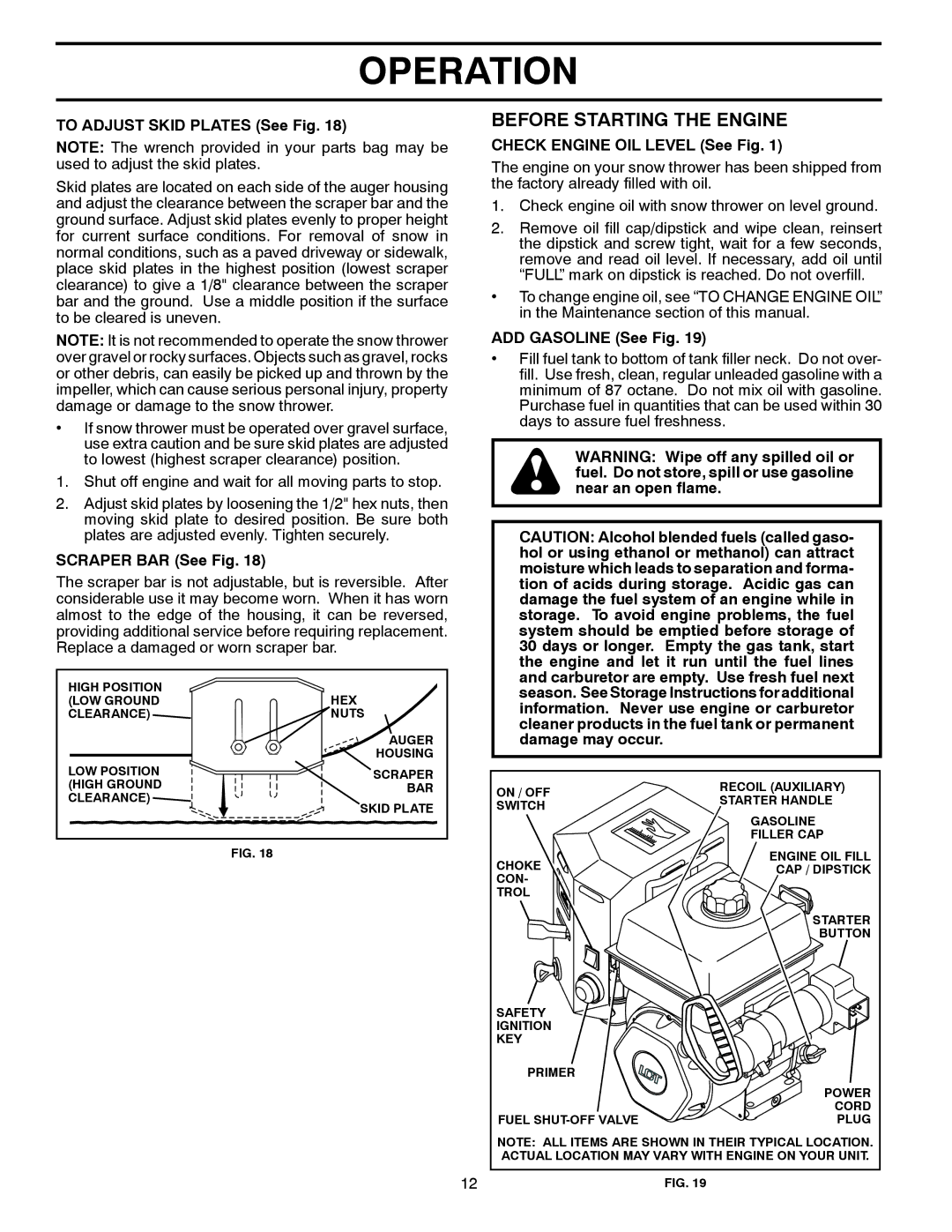 Husqvarna 12527HV Before Starting the Engine, To Adjust Skid Plates See Fig, Scraper BAR See Fig, ADD Gasoline See Fig 