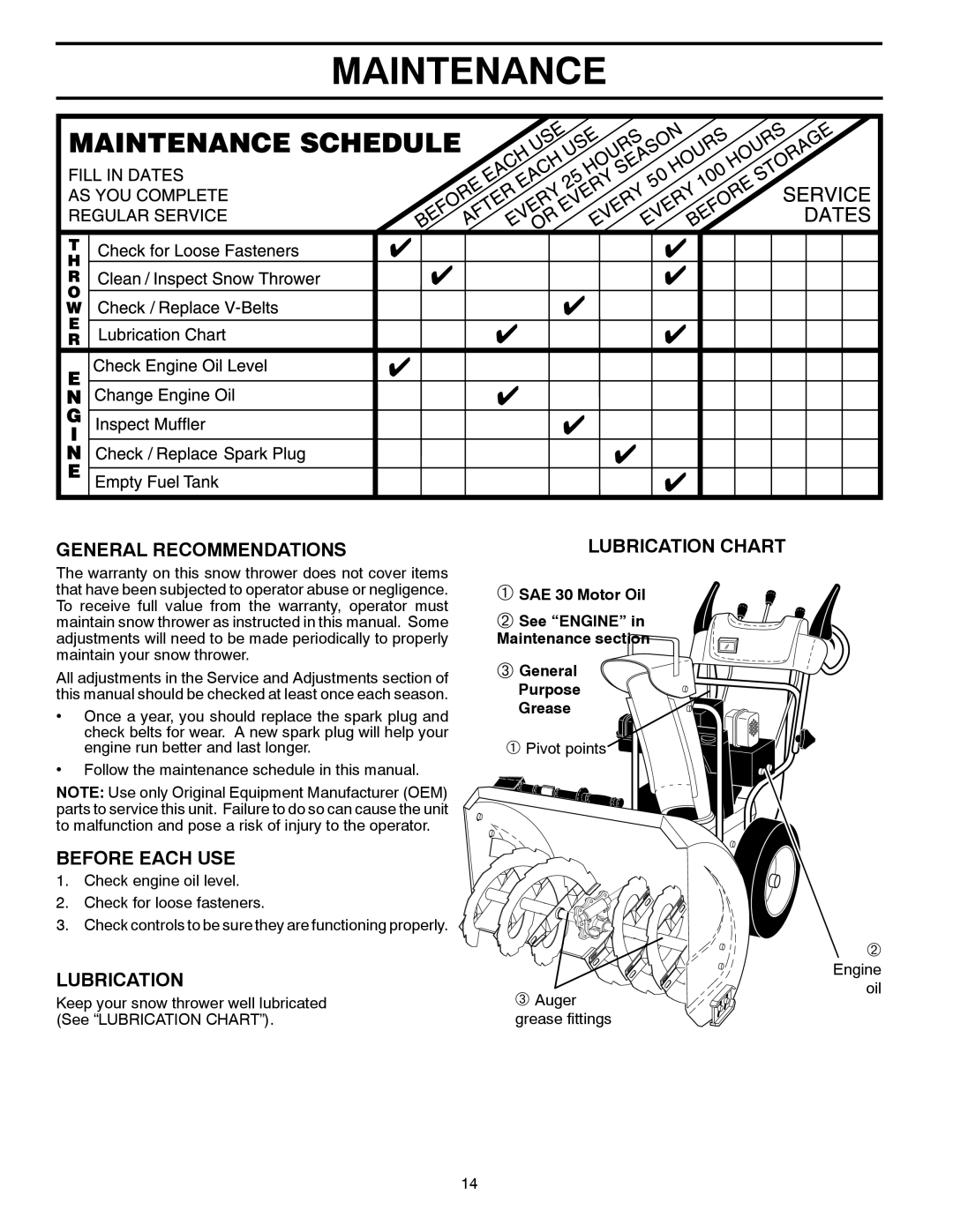 Husqvarna 12527HV, 96193005300 manual Maintenance, General Recommendations, Before Each USE, Lubrication 