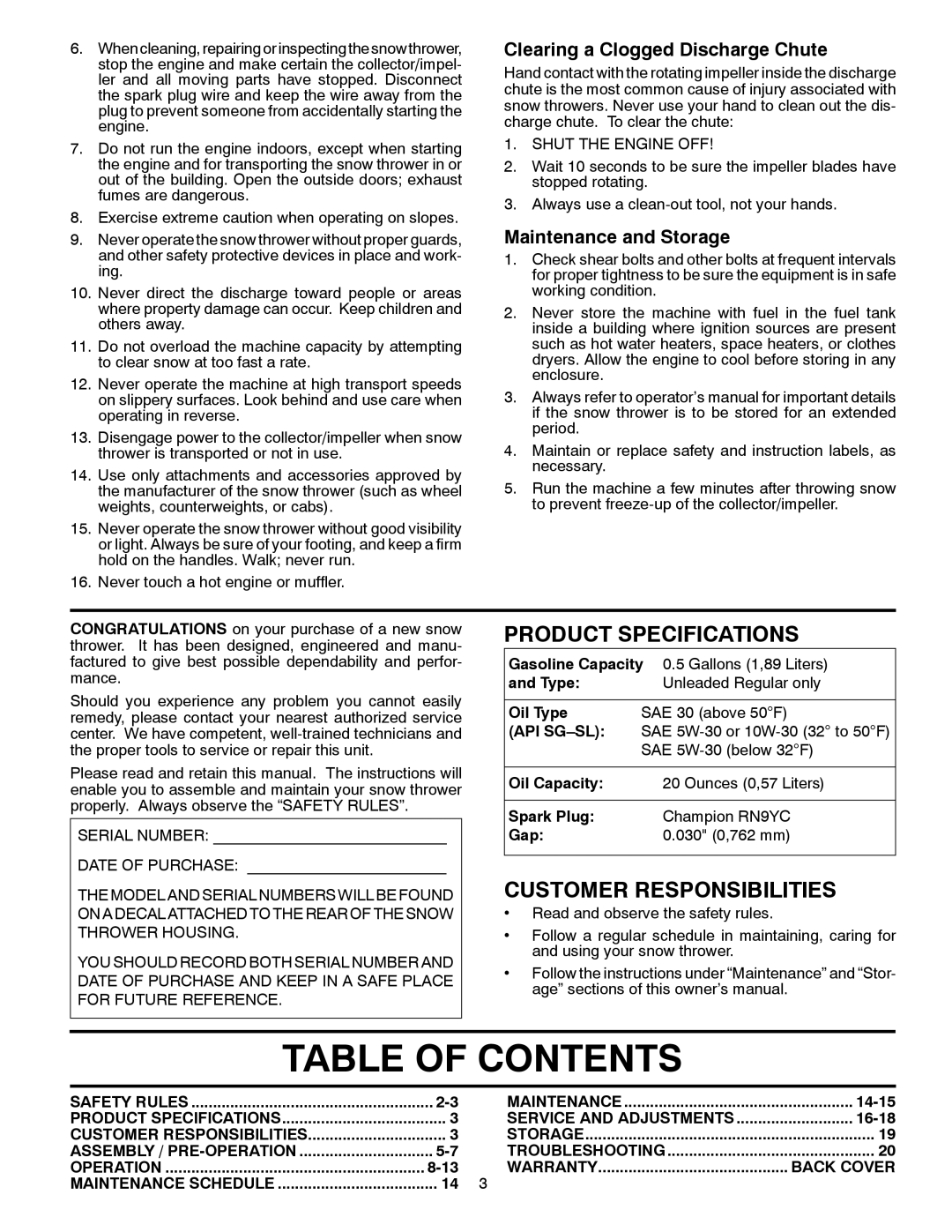 Husqvarna 96193005300, 12527HV manual Table of Contents 