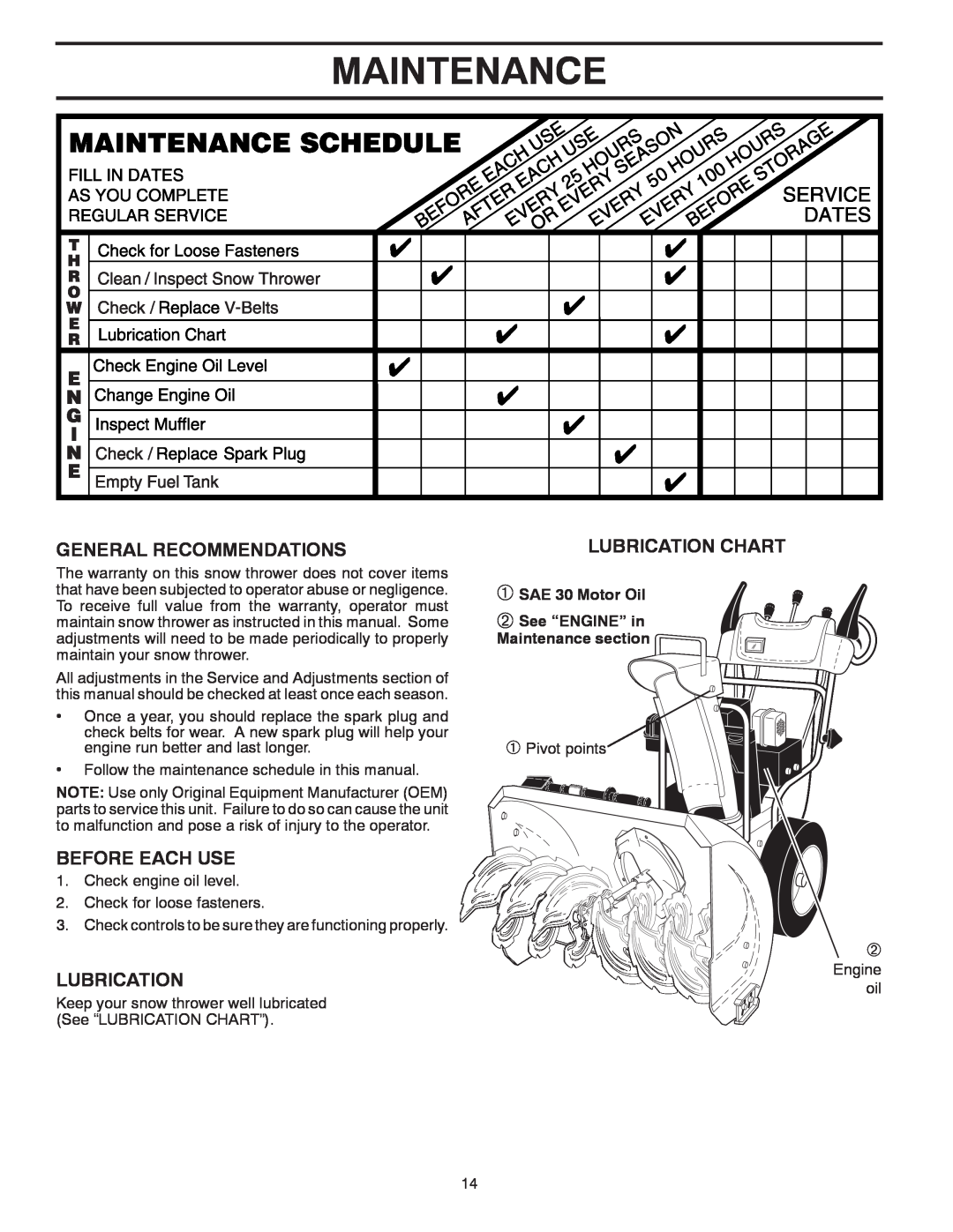 Husqvarna 12530HV warranty General Recommendations, Before Each Use, Lubrication Chart, Maintenance section 