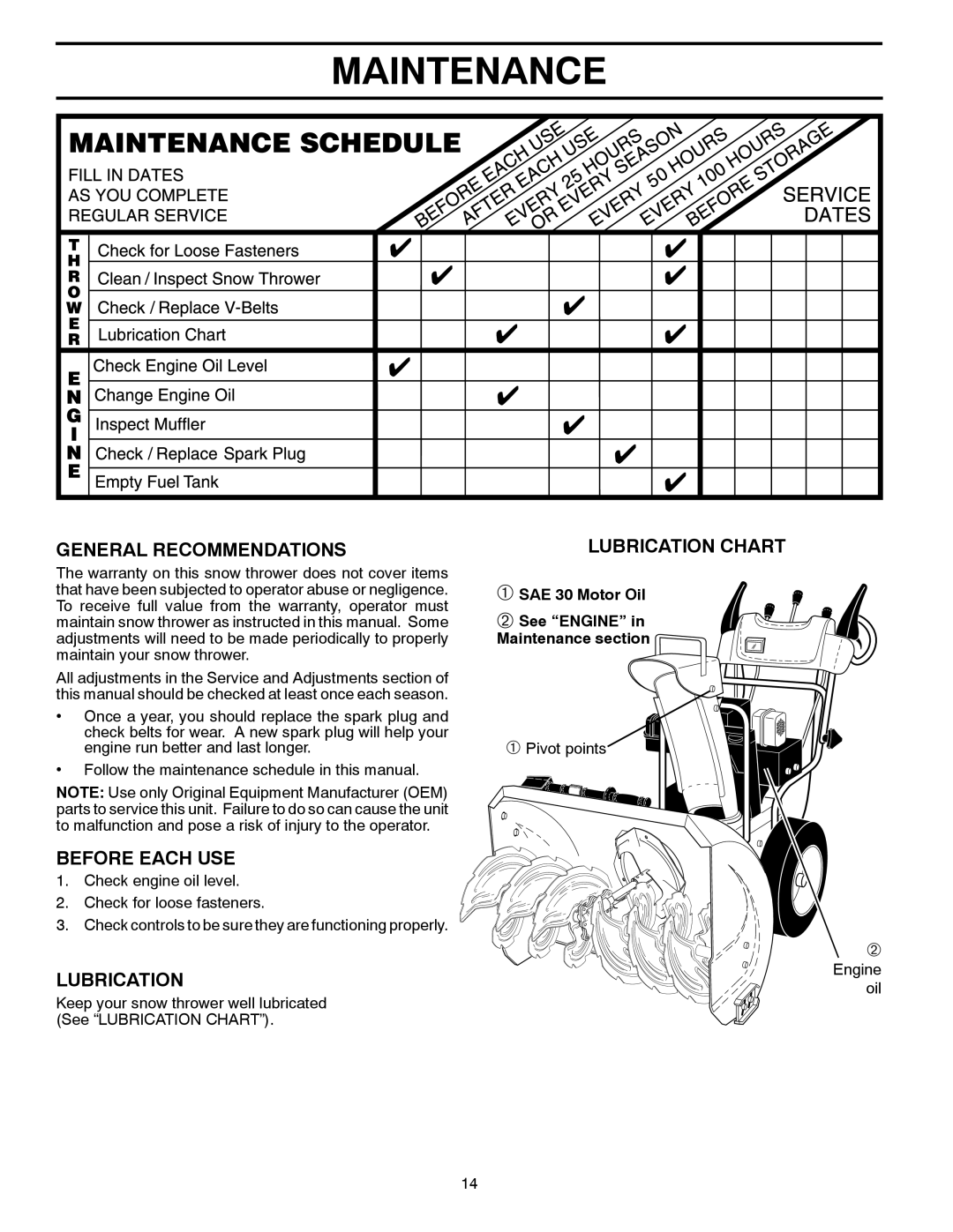 Husqvarna 12530HV warranty Maintenance, General Recommendations, Before Each USE, Lubrication 