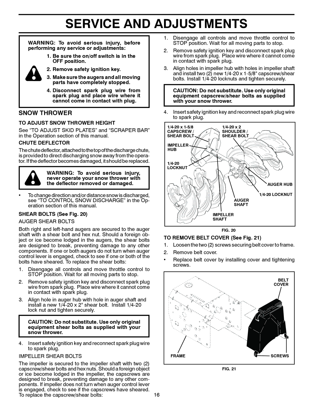 Husqvarna 12530HV warranty Service and Adjustments, To Adjust Snow Thrower Height, Chute Deflector, Shear Bolts See Fig 