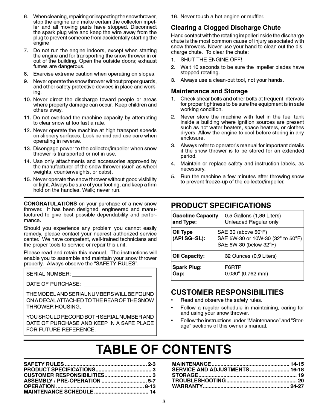 Husqvarna 12530HV warranty Table of Contents 