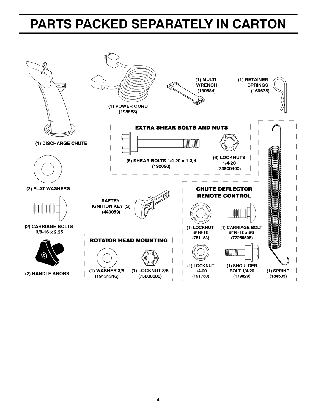 Husqvarna 12530HV warranty Parts Packed Separately in Carton, Carriage Bolts 