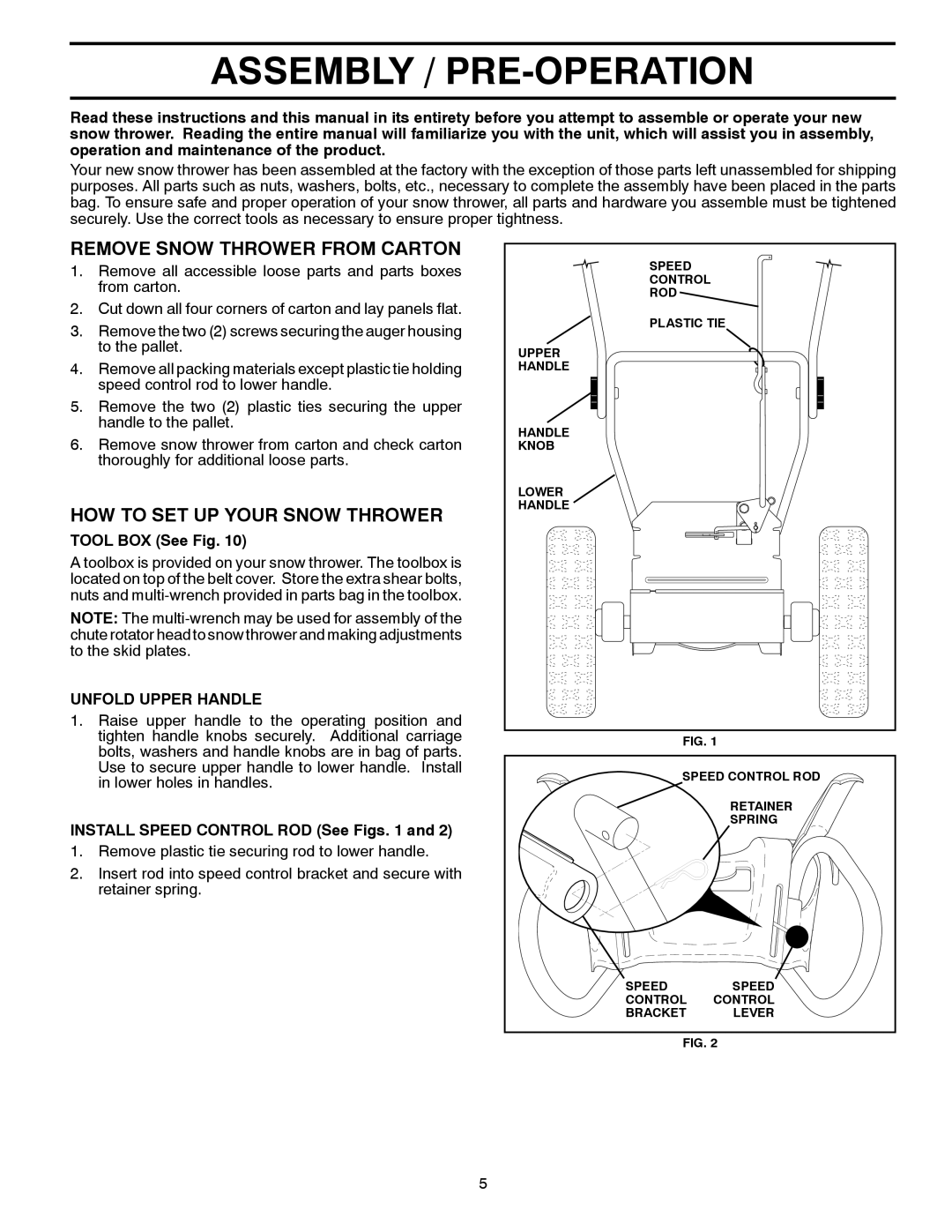 Husqvarna 12530HV warranty Assembly / PRE-OPERATION, Remove Snow Thrower from Carton, HOW to SET UP Your Snow Thrower 